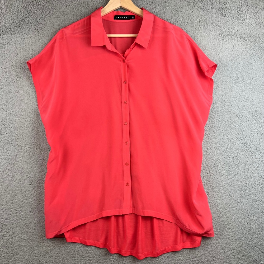 Trouve Womens Silk Front Rayon Back Short Sleeve High Low Blouse Coral Pink L